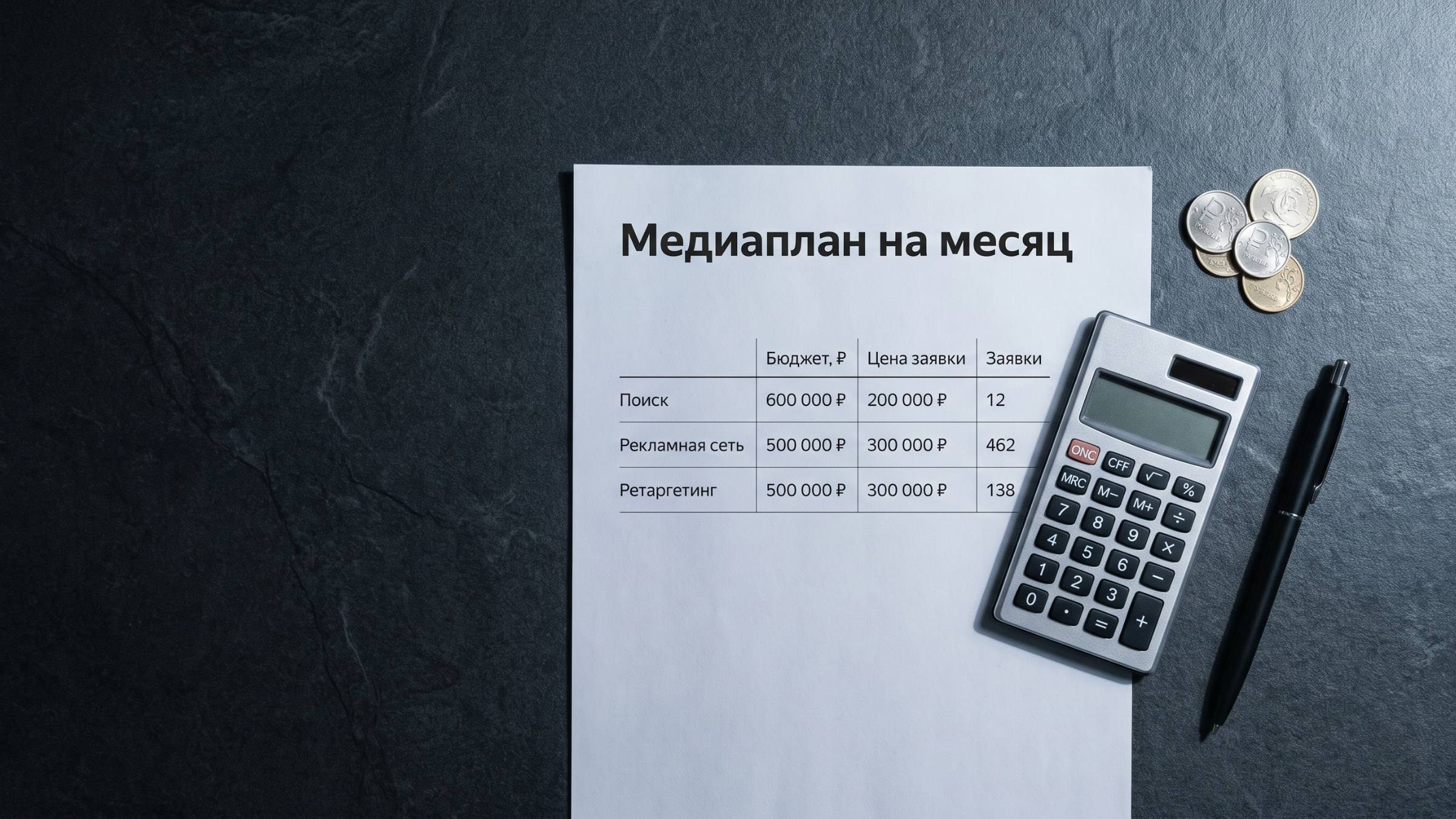 Медиаплан на месяц с бюджетом по кампаниям, калькулятор и монеты
