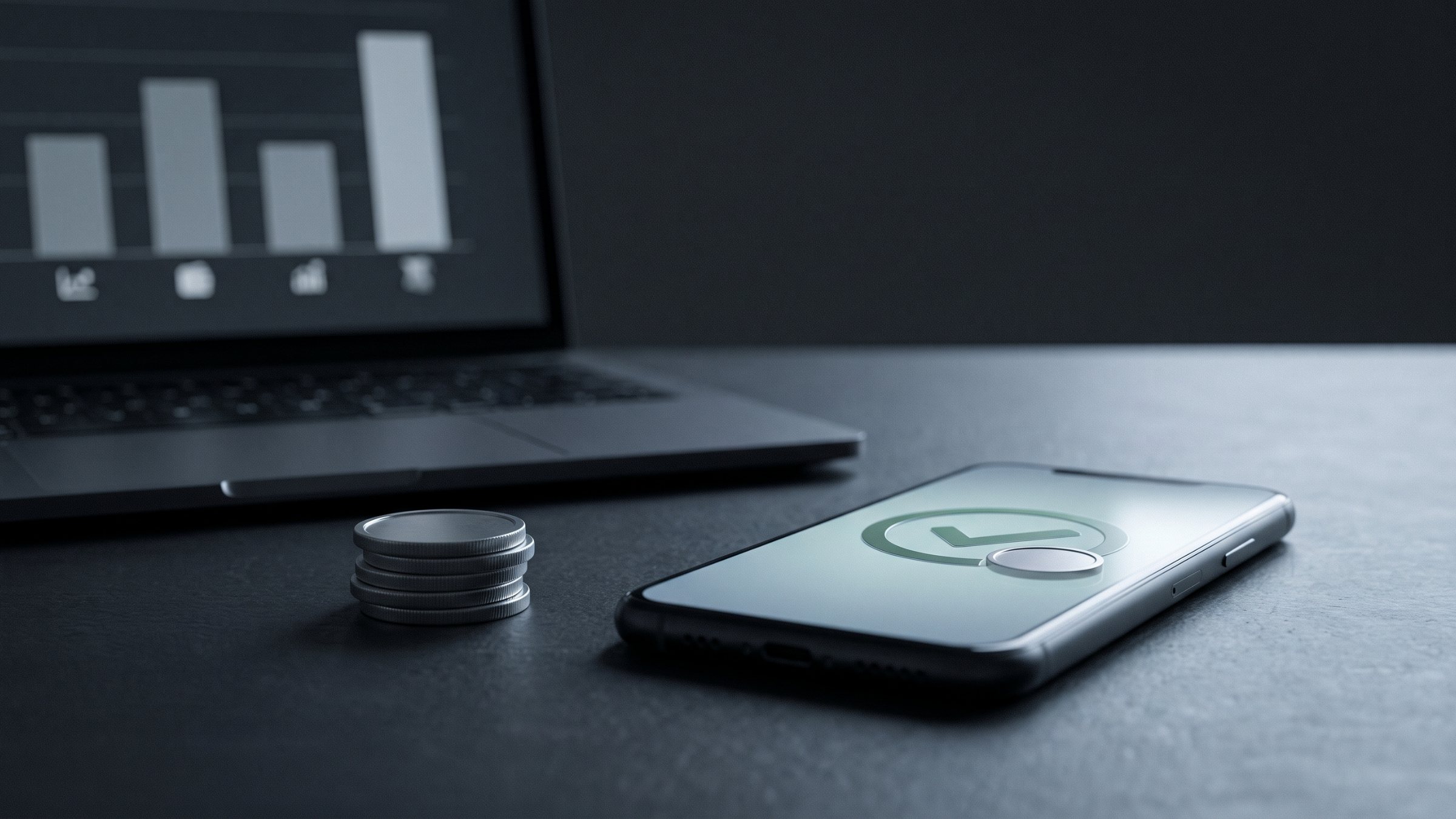 Смартфон с зелёной отметкой в кольце и значком монеты, стопка серебряных монет и ноутбук с графиком