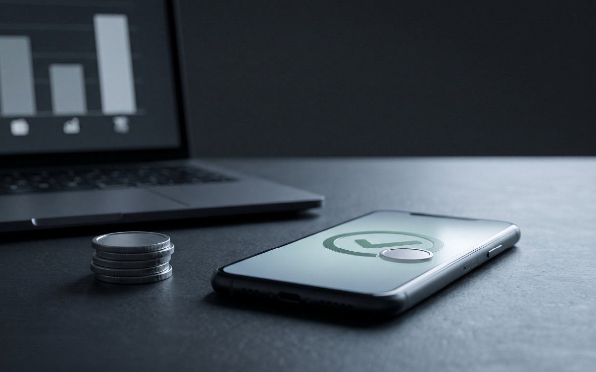 Смартфон с зелёной отметкой в кольце и значком монеты, стопка серебряных монет и ноутбук с графиком