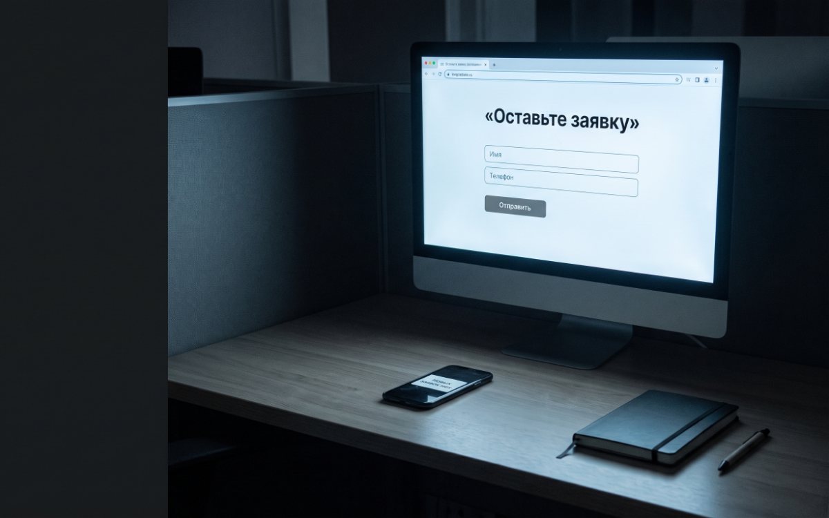 Монитор с формой заявки и смартфон с уведомлением «Новых заявок нет»