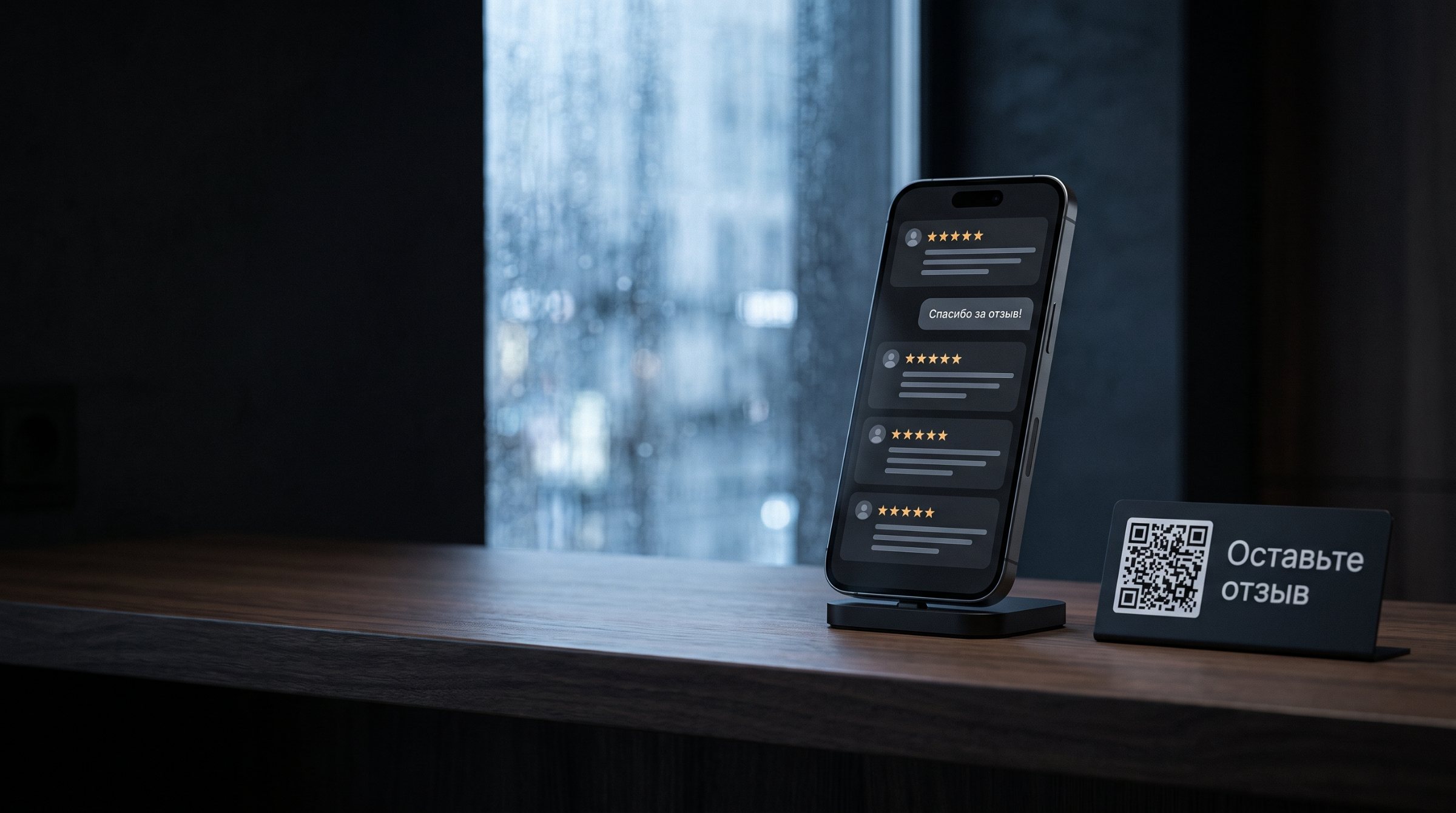 Отзывы клиентов с ответом компании на смартфоне и табличка с QR-кодом